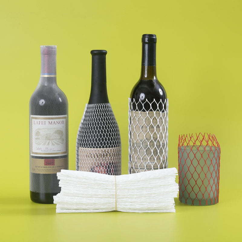 Funda protectora de malla para botella con envoltura de red retráctil para embalaje de botellas de vino
